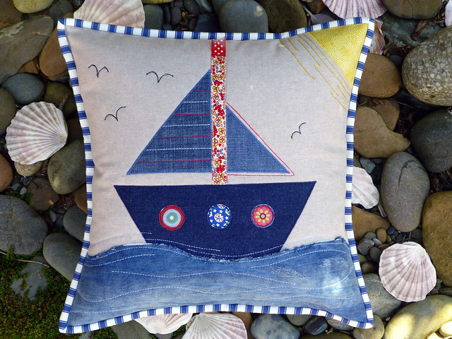 Denim Sailboat Cushion (Pretty Patches July16)